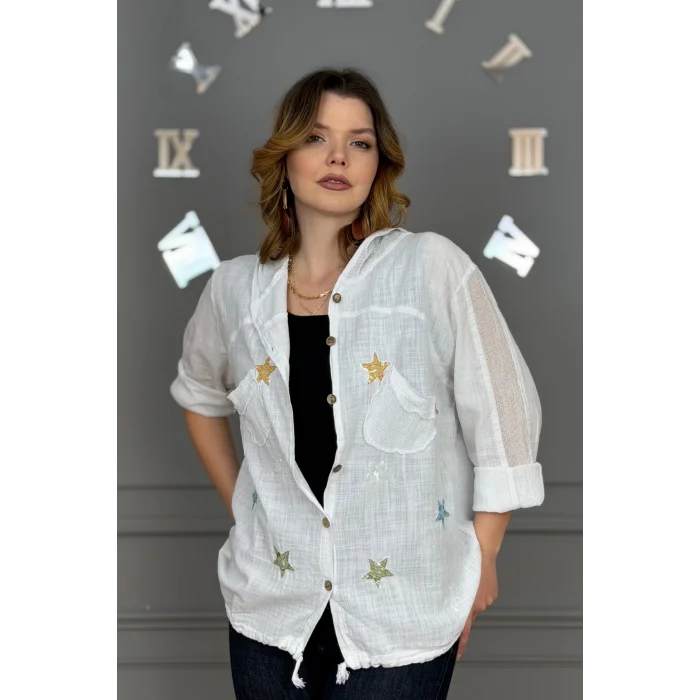 Kadın BEYAZ Organik Yıkamalı Keten Kumaş Arkası Pamuk Penye Kapüşonlu File Ve Yıldız Pul Nakışlı Gömlek Ceket