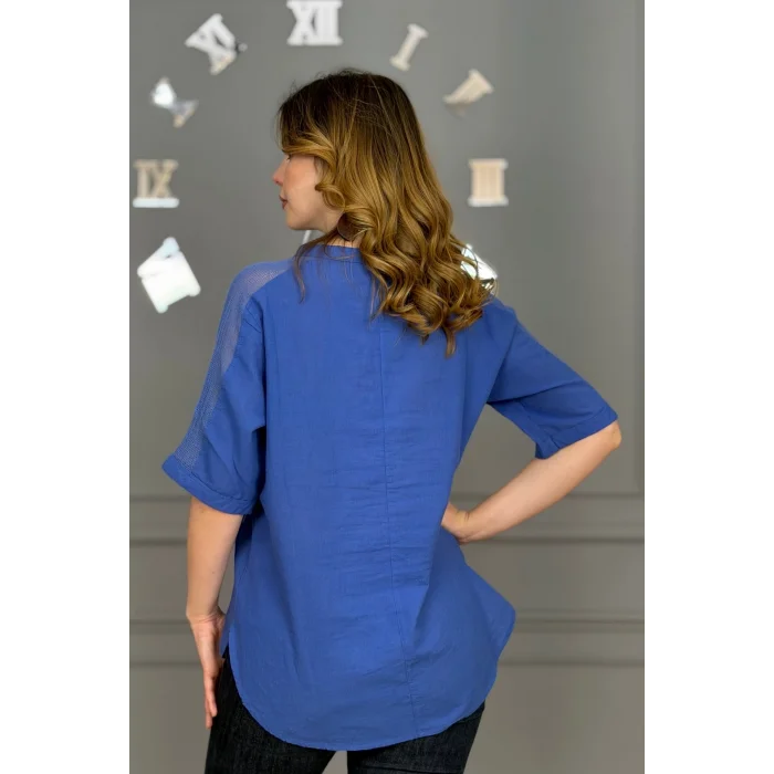 Kadın Mavi Yıkamalı Organik Pamuk Keten Kumaş Omuz Ve Cebi File Detaylı Dirsek Kol TUNİK Gömlek