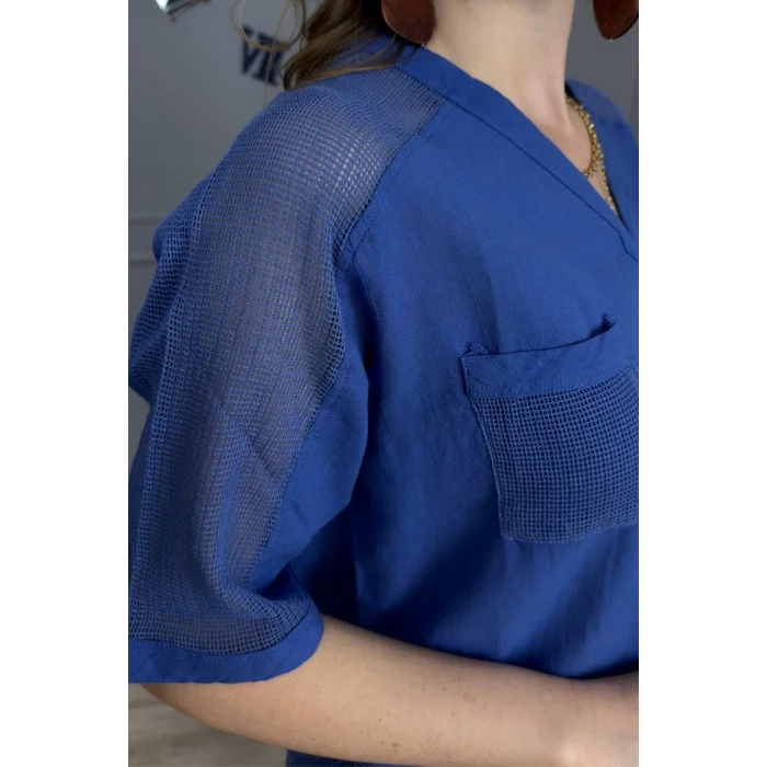 Kadın Mavi Yıkamalı Organik Pamuk Keten Kumaş Omuz Ve Cebi File Detaylı Dirsek Kol TUNİK Gömlek