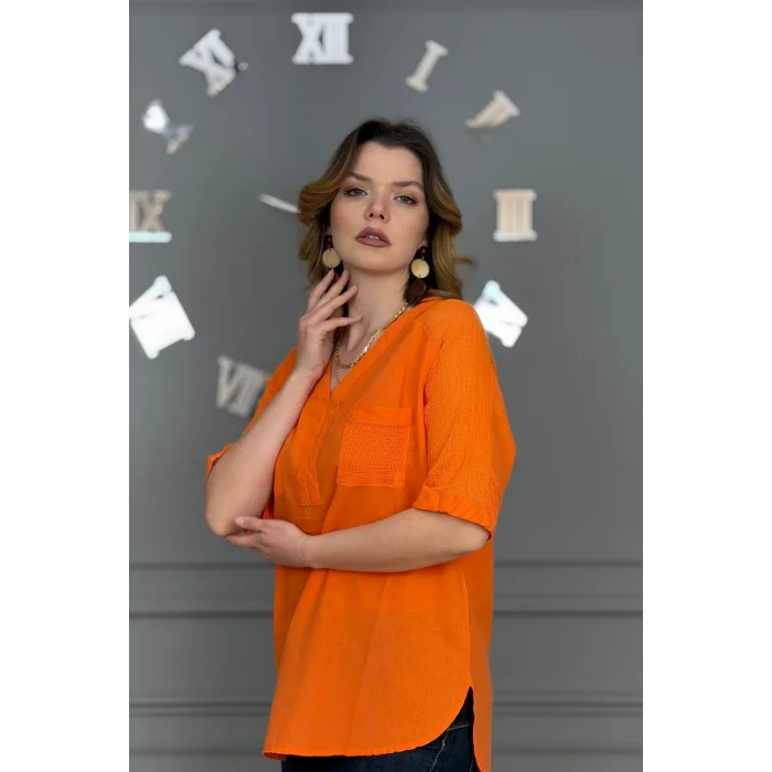 Kadın TURUNCU Yıkamalı Organik Pamuk Keten Kumaş Omuz Ve Cebi File Detaylı Dirsek Kol TUNİK Gömlek