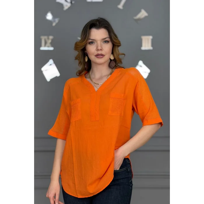 Kadın TURUNCU Yıkamalı Organik Pamuk Keten Kumaş Omuz Ve Cebi File Detaylı Dirsek Kol TUNİK Gömlek
