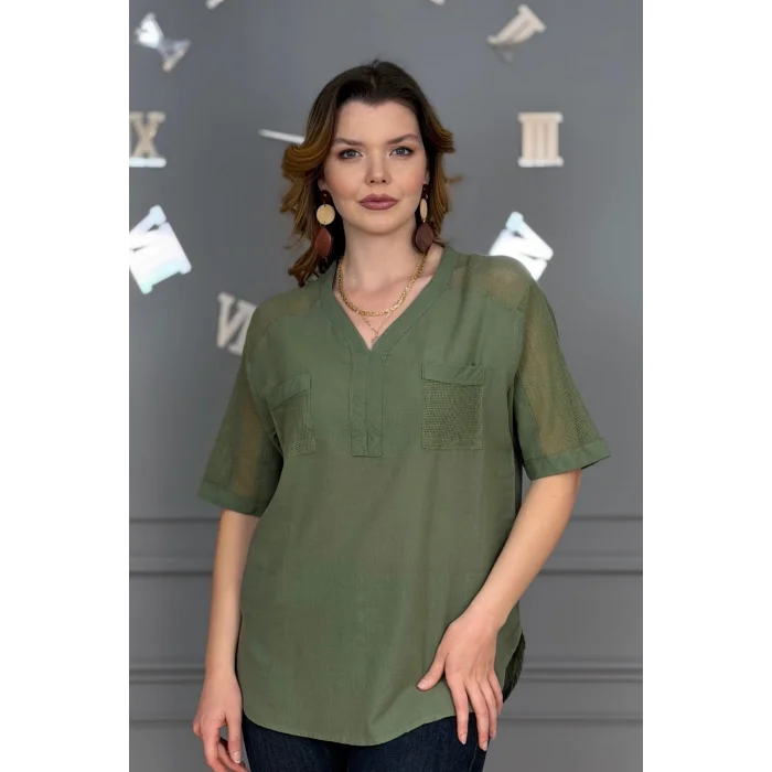 Kadın HAKİ YEŞİL  Yıkamalı Organik Pamuk Keten Kumaş Omuz Ve Cebi File Detaylı Dirsek Kol TUNİK Gömlek