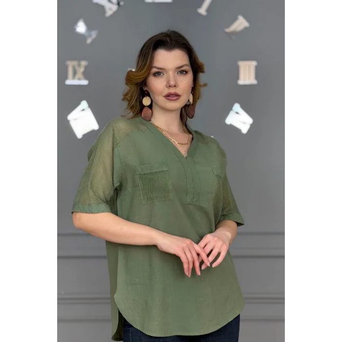 Kadın HAKİ YEŞİL  Yıkamalı Organik Pamuk Keten Kumaş Omuz Ve Cebi File Detaylı Dirsek Kol TUNİK Gömlek