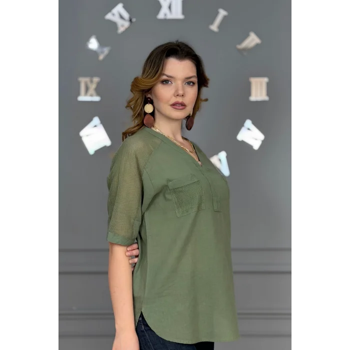 Kadın HAKİ YEŞİL  Yıkamalı Organik Pamuk Keten Kumaş Omuz Ve Cebi File Detaylı Dirsek Kol TUNİK Gömlek