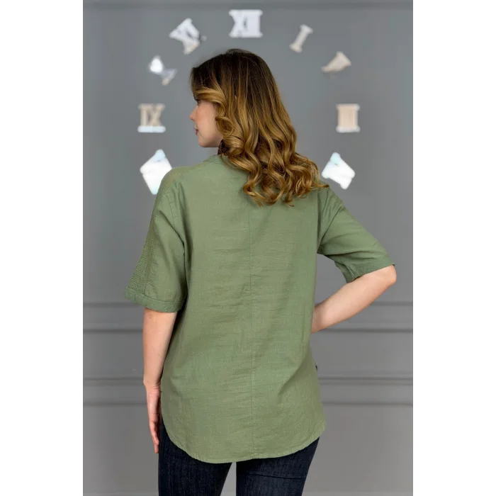 Kadın HAKİ YEŞİL  Yıkamalı Organik Pamuk Keten Kumaş Omuz Ve Cebi File Detaylı Dirsek Kol TUNİK Gömlek