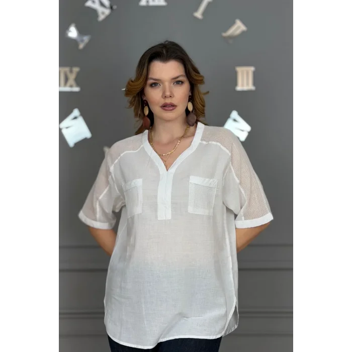 Kadın BEYAZ  Yıkamalı Organik Pamuk Keten Kumaş Omuz Ve Cebi File Detaylı Dirsek Kol TUNİK Gömlek