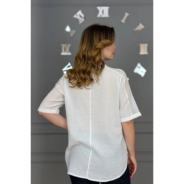 Kadın BEYAZ  Yıkamalı Organik Pamuk Keten Kumaş Omuz Ve Cebi File Detaylı Dirsek Kol TUNİK Gömlek