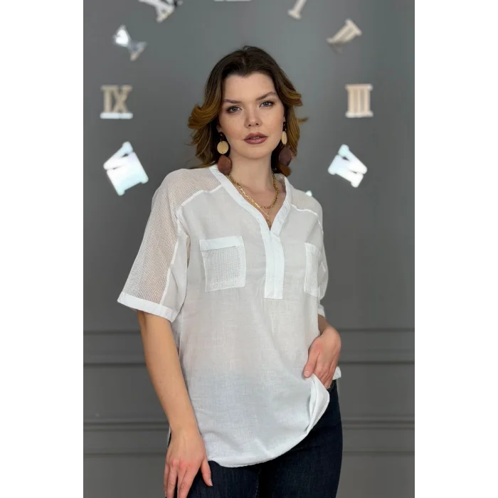 Kadın BEYAZ  Yıkamalı Organik Pamuk Keten Kumaş Omuz Ve Cebi File Detaylı Dirsek Kol TUNİK Gömlek