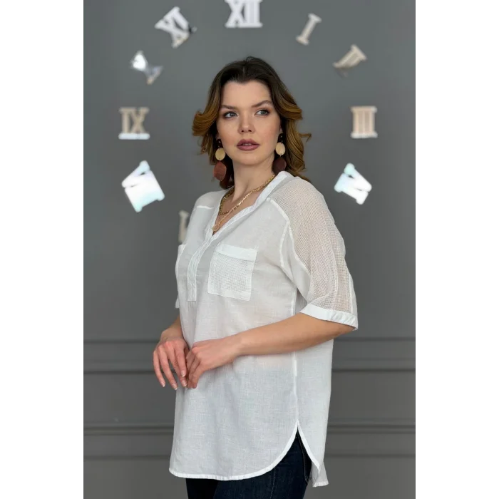 Kadın BEYAZ  Yıkamalı Organik Pamuk Keten Kumaş Omuz Ve Cebi File Detaylı Dirsek Kol TUNİK Gömlek