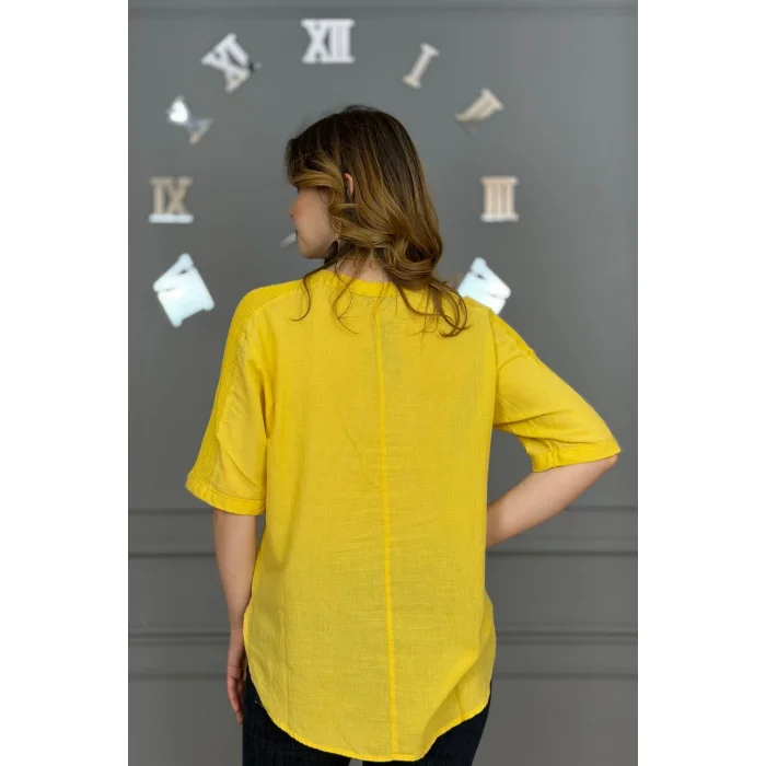 Kadın SARI  Yıkamalı Organik Pamuk Keten Kumaş Omuz Ve Cebi File Detaylı Dirsek Kol TUNİK Gömlek
