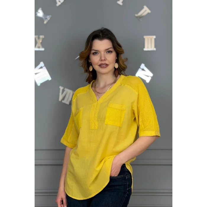 Kadın SARI  Yıkamalı Organik Pamuk Keten Kumaş Omuz Ve Cebi File Detaylı Dirsek Kol TUNİK Gömlek