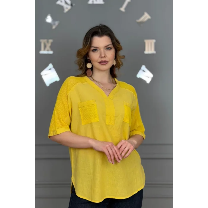 Kadın SARI  Yıkamalı Organik Pamuk Keten Kumaş Omuz Ve Cebi File Detaylı Dirsek Kol TUNİK Gömlek