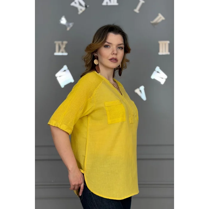 Kadın SARI  Yıkamalı Organik Pamuk Keten Kumaş Omuz Ve Cebi File Detaylı Dirsek Kol TUNİK Gömlek