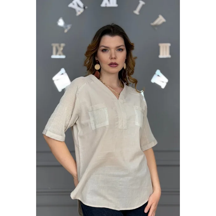 Kadın TAŞ RENGİ  Yıkamalı Organik Pamuk Keten Kumaş Omuz Ve Cebi File Detaylı Dirsek Kol TUNİK Gömlek