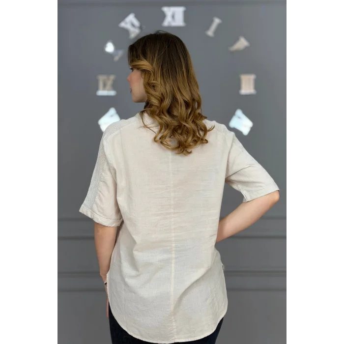 Kadın TAŞ RENGİ  Yıkamalı Organik Pamuk Keten Kumaş Omuz Ve Cebi File Detaylı Dirsek Kol TUNİK Gömlek