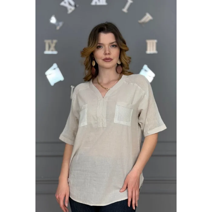 Kadın TAŞ RENGİ  Yıkamalı Organik Pamuk Keten Kumaş Omuz Ve Cebi File Detaylı Dirsek Kol TUNİK Gömlek