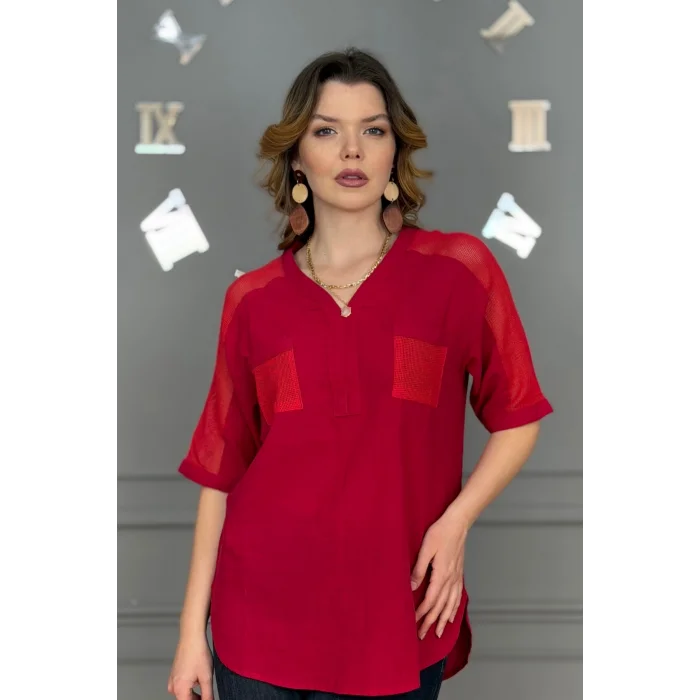 Kadın KIRMIZI  Yıkamalı Organik Pamuk Keten Kumaş Omuz Ve Cebi File Detaylı Dirsek Kol TUNİK Gömlek