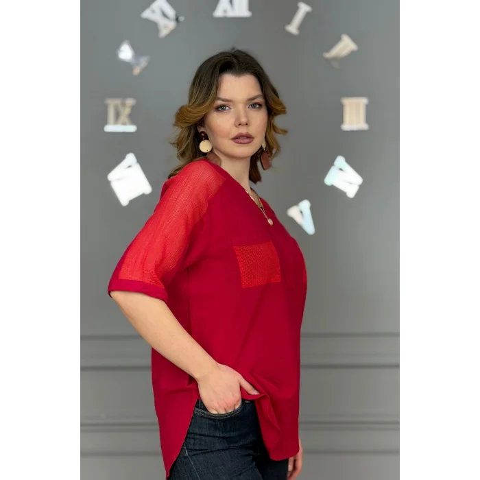 Kadın KIRMIZI  Yıkamalı Organik Pamuk Keten Kumaş Omuz Ve Cebi File Detaylı Dirsek Kol TUNİK Gömlek