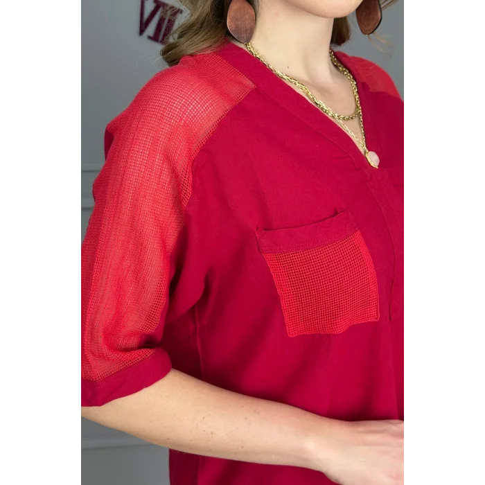Kadın KIRMIZI  Yıkamalı Organik Pamuk Keten Kumaş Omuz Ve Cebi File Detaylı Dirsek Kol TUNİK Gömlek