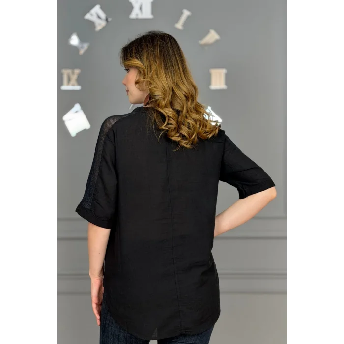 Kadın SİYAH  Yıkamalı Organik Pamuk Keten Kumaş Omuz Ve Cebi File Detaylı Dirsek Kol TUNİK Gömlek