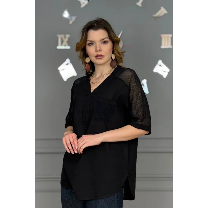 Kadın SİYAH  Yıkamalı Organik Pamuk Keten Kumaş Omuz Ve Cebi File Detaylı Dirsek Kol TUNİK Gömlek