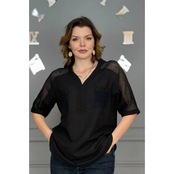 Kadın SİYAH  Yıkamalı Organik Pamuk Keten Kumaş Omuz Ve Cebi File Detaylı Dirsek Kol TUNİK Gömlek