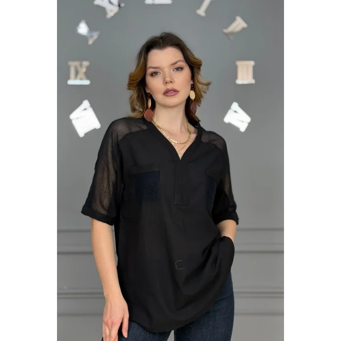 Kadın SİYAH  Yıkamalı Organik Pamuk Keten Kumaş Omuz Ve Cebi File Detaylı Dirsek Kol TUNİK Gömlek