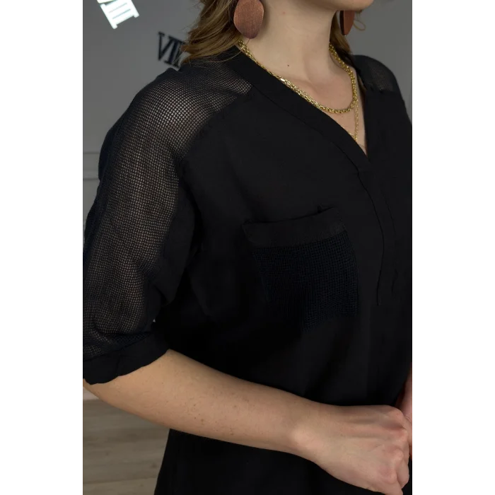 Kadın SİYAH  Yıkamalı Organik Pamuk Keten Kumaş Omuz Ve Cebi File Detaylı Dirsek Kol TUNİK Gömlek