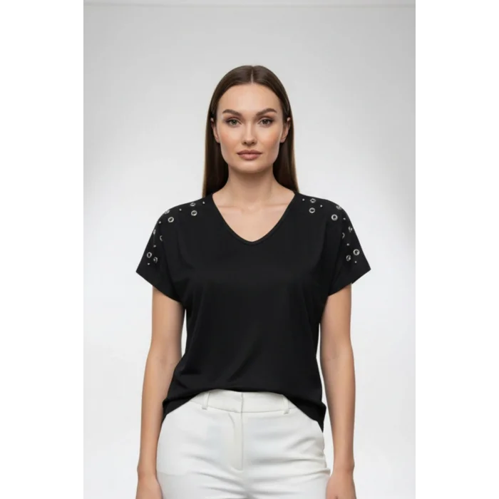 Kadın Siyah V Yaka Omuzlar Kuşgözlü Zımbalı Likralı Pamuk Viskon Penye Kumaş