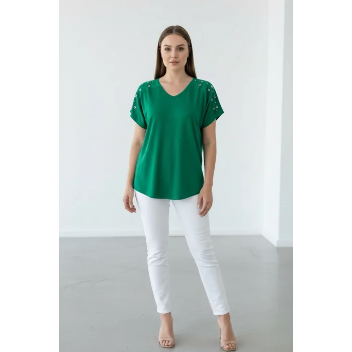 Kadın Yeşil V Yaka Omuzlar Kuşgözlü Zımbalı Likralı Pamuk Viskon Penye Kumaş