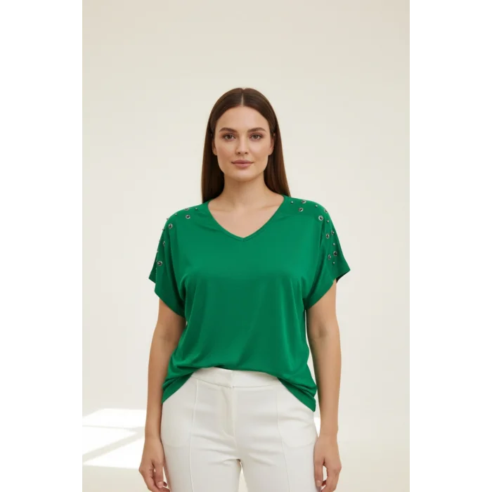 Kadın Yeşil V Yaka Omuzlar Kuşgözlü Zımbalı Likralı Pamuk Viskon Penye Kumaş