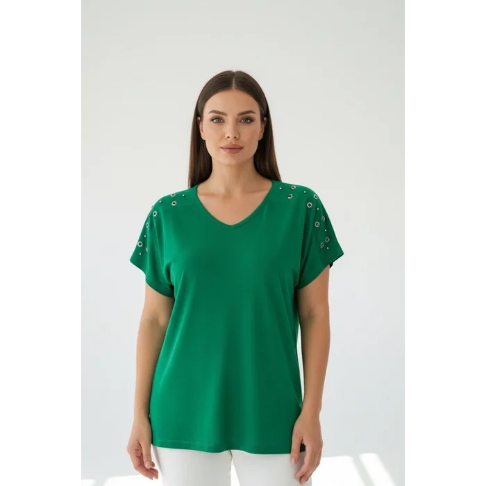 Kadın Yeşil V Yaka Omuzlar Kuşgözlü Zımbalı Likralı Pamuk Viskon Penye Kumaş