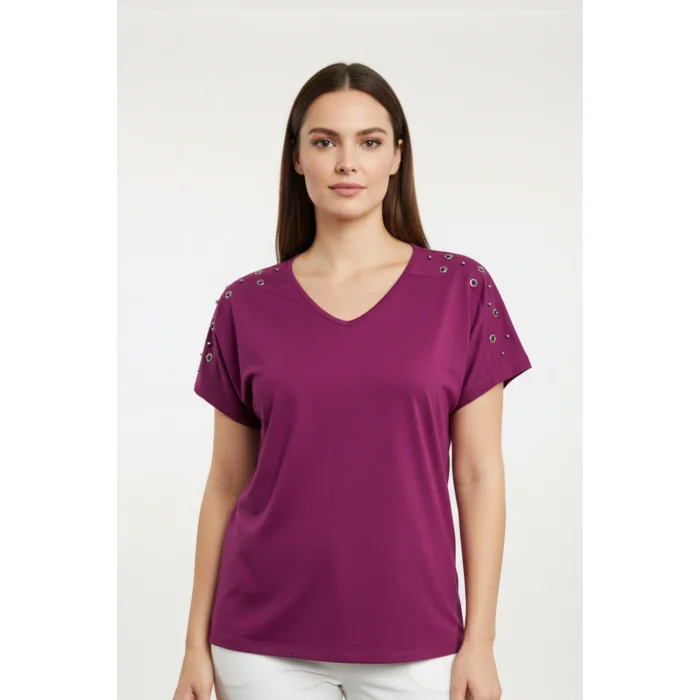 Kadın Mürdüm V Yaka Omuzlar Kuşgözlü Zımbalı Likralı Pamuk Viskon Penye Kumaş