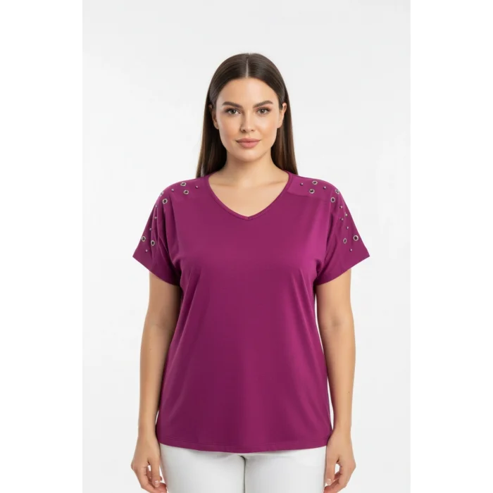 Kadın Mürdüm V Yaka Omuzlar Kuşgözlü Zımbalı Likralı Pamuk Viskon Penye Kumaş