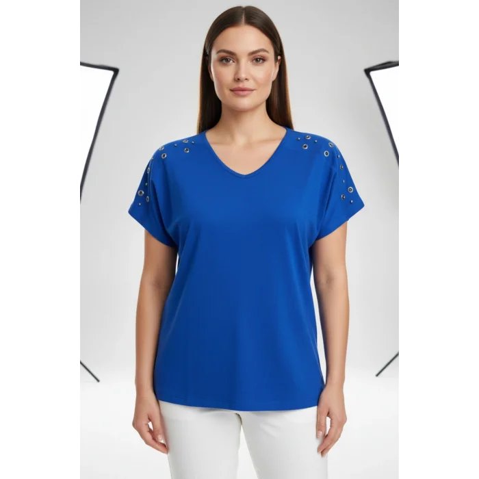 Kadın MAVİ V Yaka Omuzlar Kuşgözlü Zımbalı Likralı Pamuk Viskon Penye Kumaş