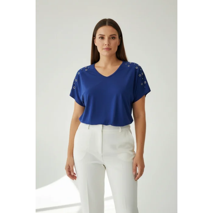 Kadın Lacivert V Yaka Omuzlar Kuşgözlü Zımbalı Likralı Pamuk Viskon Penye Kumaş