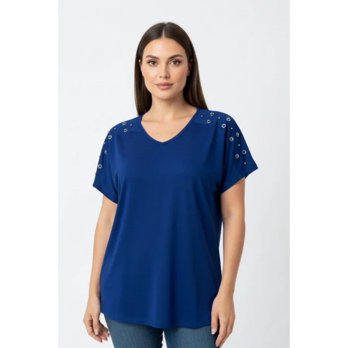 Kadın Lacivert V Yaka Omuzlar Kuşgözlü Zımbalı Likralı Pamuk Viskon Penye Kumaş