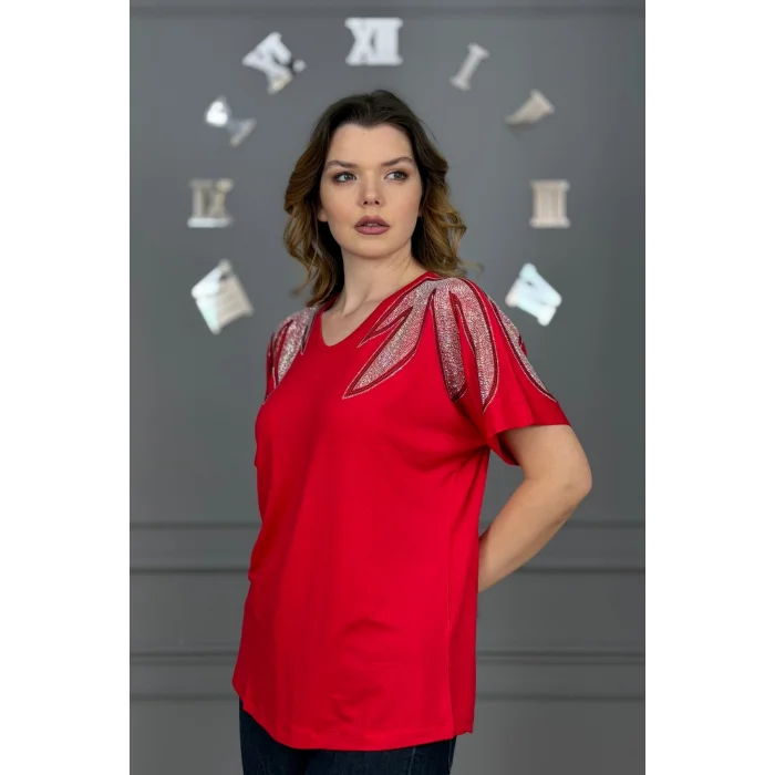 Kadın Kırmızı Büyük Beden V Yaka Omuzlar Yaprak Kristal Taş İşlemeli Likralı Kısa Kol Buluz