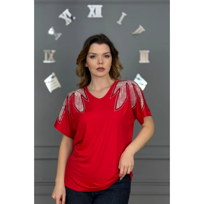 Kadın Kırmızı Büyük Beden V Yaka Omuzlar Yaprak Kristal Taş İşlemeli Likralı Kısa Kol Buluz
