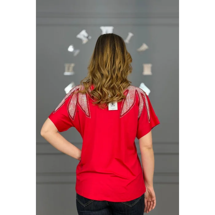 Kadın Kırmızı Büyük Beden V Yaka Omuzlar Yaprak Kristal Taş İşlemeli Likralı Kısa Kol Buluz