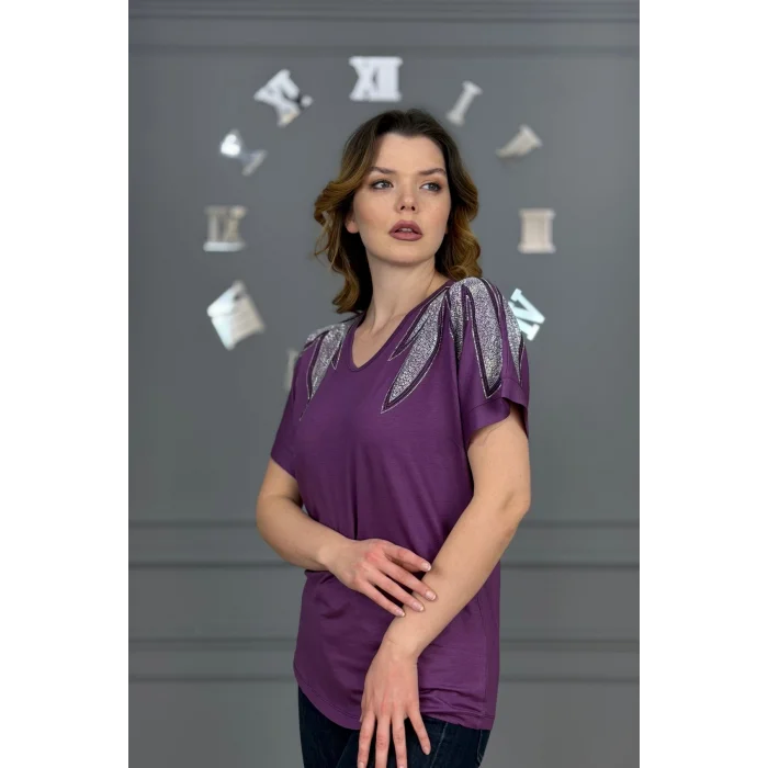 Kadın MÜRDÜM Büyük Beden V Yaka Omuzlar Yaprak Kristal Taş İşlemeli Likralı Kısa Kol Buluz