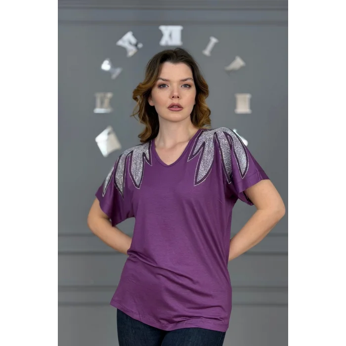 Kadın MÜRDÜM Büyük Beden V Yaka Omuzlar Yaprak Kristal Taş İşlemeli Likralı Kısa Kol Buluz