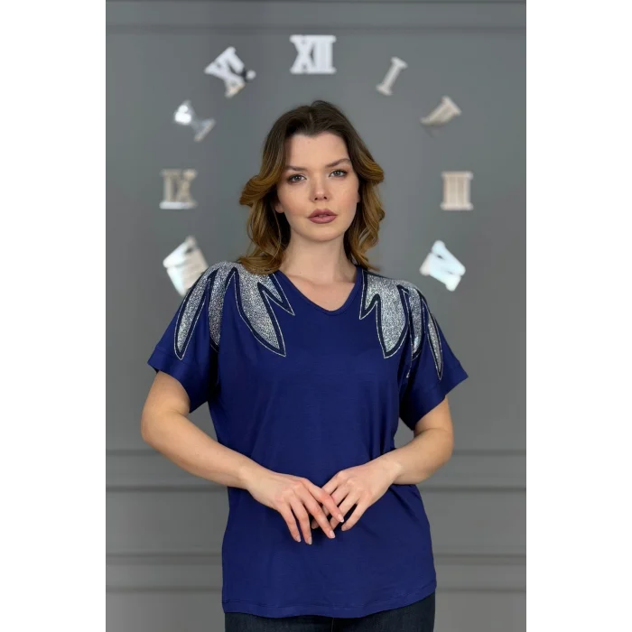 Kadın Lacivert Büyük Beden V Yaka Omuzlar Yaprak Kristal Taş İşlemeli Likralı Kısa Kol Buluz