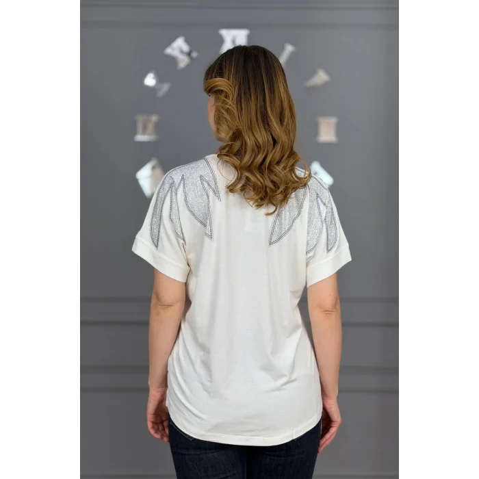 Kadın Beyaz Büyük Beden V Yaka Omuzlar Yaprak Kristal Taş İşlemeli Likralı Kısa Kol Buluz