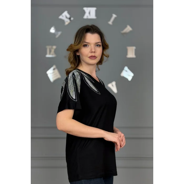 Kadın Siyah Büyük Beden V Yaka Omuzlar Yaprak Kristal Taş İşlemeli Likralı Kısa Kol Buluz