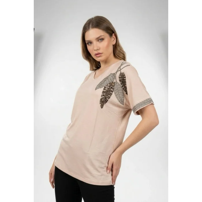 Kadın BEJ RENK V Vaka Göğsü 3 Yaprak Kırıistal Taşlı Likralı Kısa Kol Bluz
