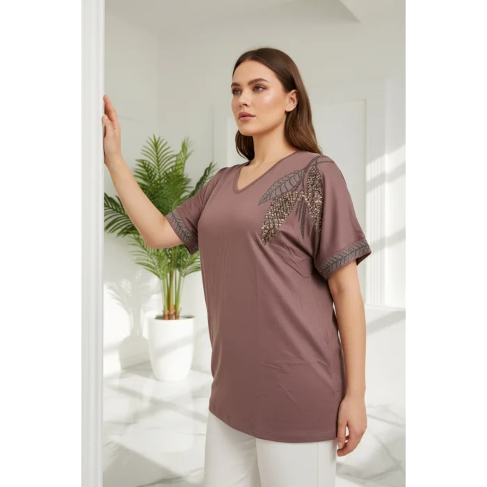 Kadın KAHVE V Vaka Göğsü 3 Yaprak Kırıistal Taşlı Likralı Kısa Kol Bluz