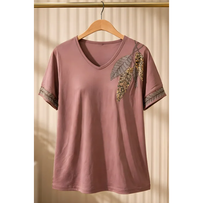 Kadın KAHVE V Vaka Göğsü 3 Yaprak Kırıistal Taşlı Likralı Kısa Kol Bluz