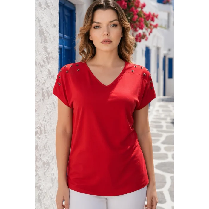 Kadın Kırmızı V Yaka Omuzlar Kuşgözlü Zımbalı Likralı Pamuk Viskon Penye Kumaş