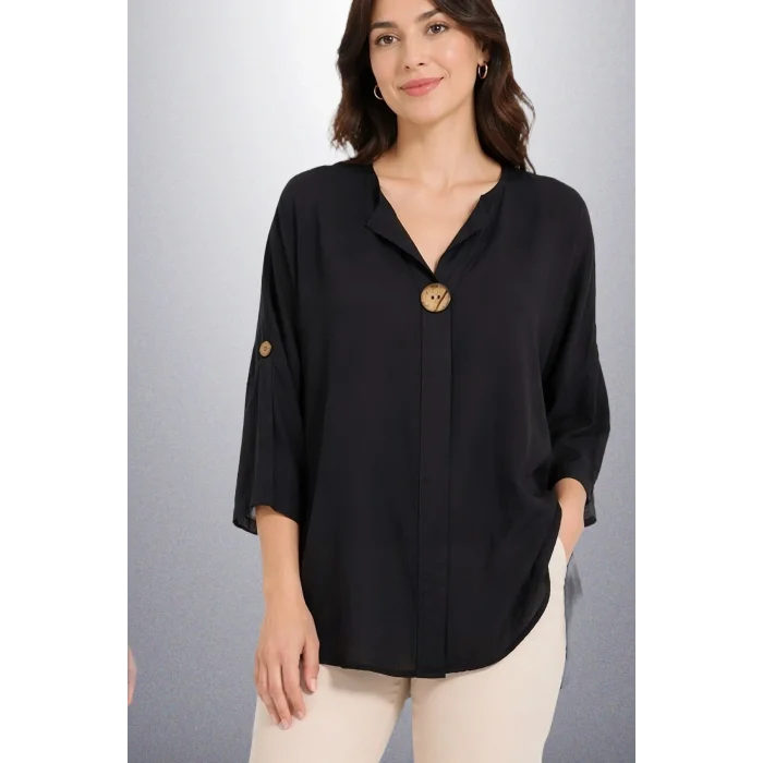 Kadın Siyah Büyük Beden Büyük Tek Düğmeli Yıkamalı Pamuk Keten Katlamalı Kol Gömlek Bluz